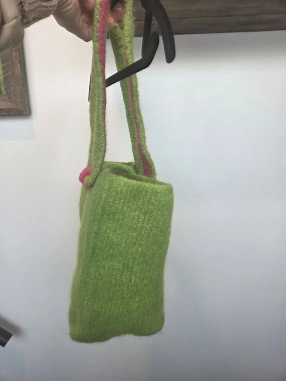 Handmade Felted Wool Tote Lime Green & Pink Parallel Straps Toggle Closure